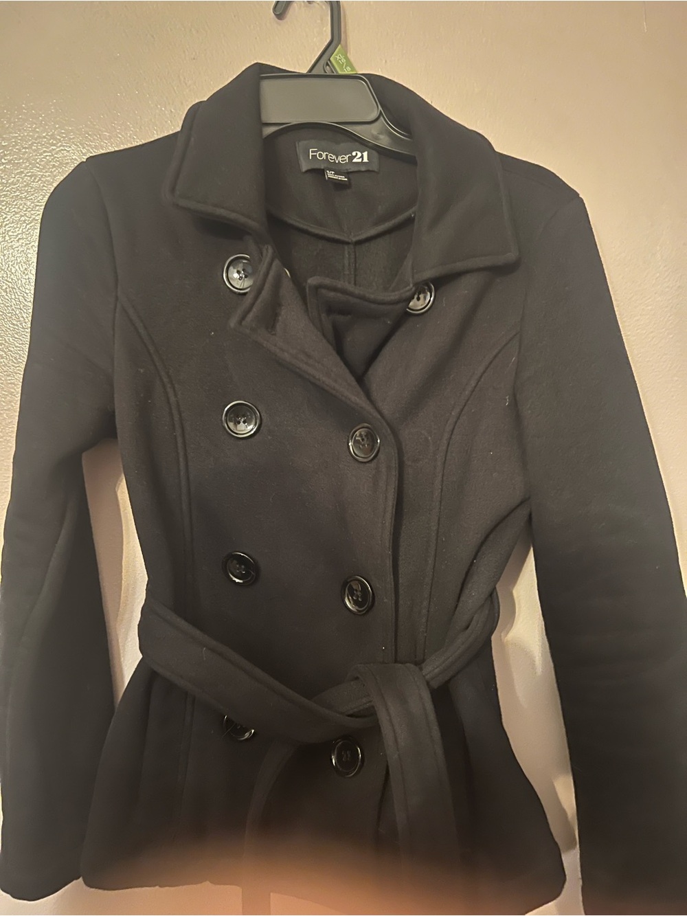 Forever 21 Black Double-Breasted Pea Coat with Tie Belt Size S